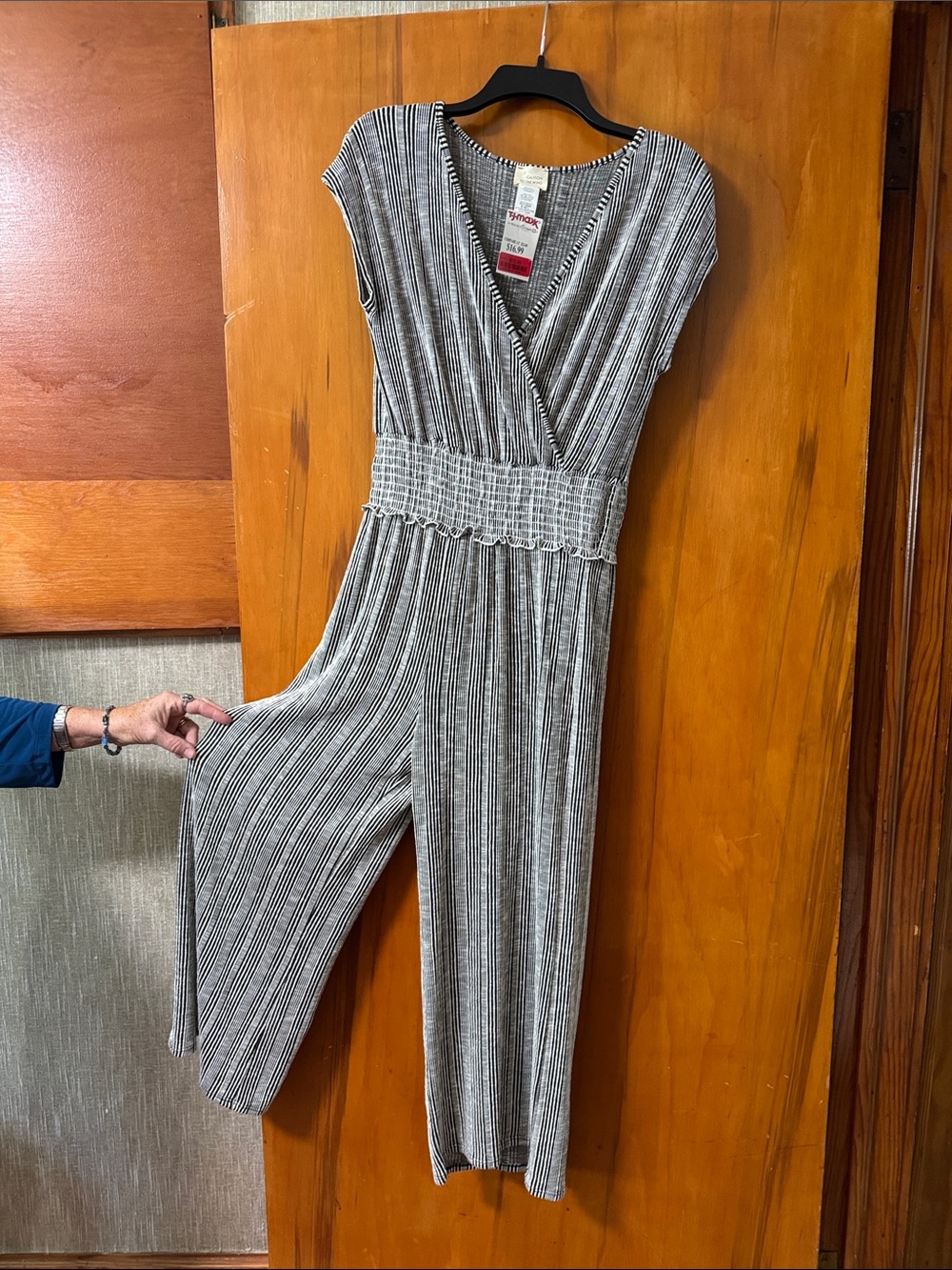 Caution To The Wind Black and White Striped V-Neck Smocked-Waist Jumpsuit